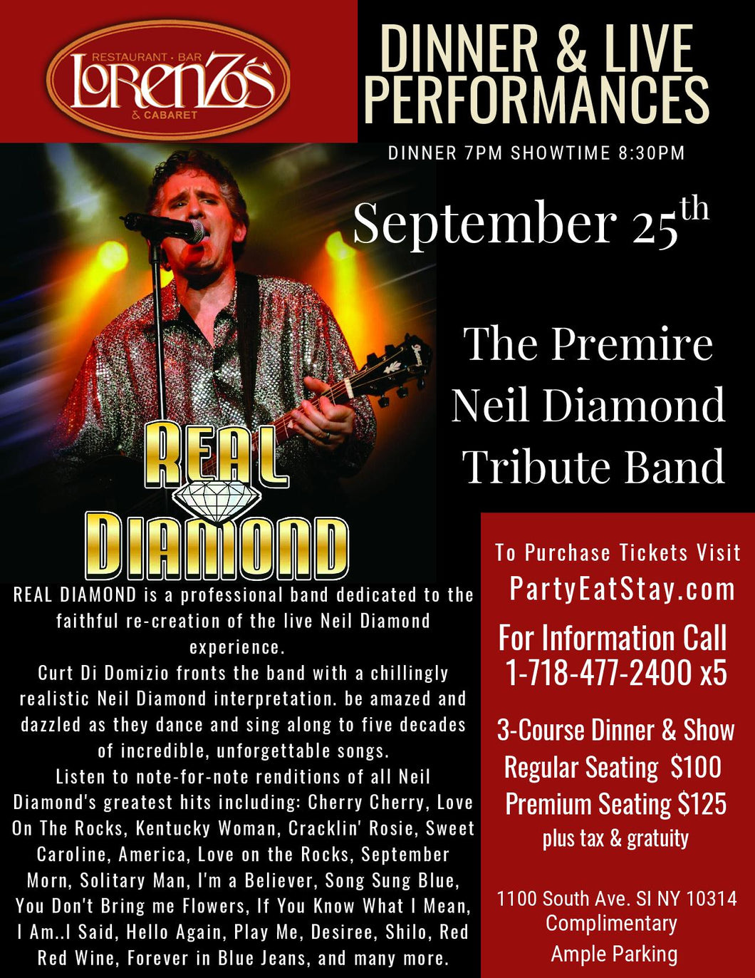 Neil Diamond Tribute Band, September 25th 2026 – PartyEatStay